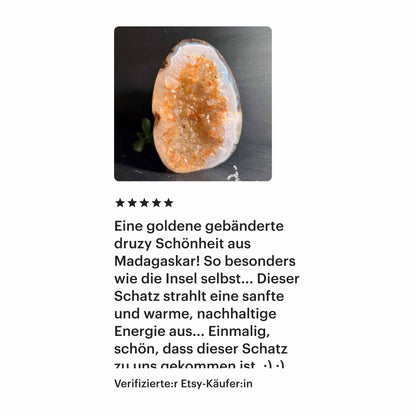 5-Sterne Kundenbewertung einer goldenen Druzy-Achat-Geode aus Madagaskar bei Happy Minerals auf Etsy
