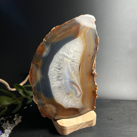 ramatische Achatscheibe mit dunklen Bändern und Druzy-Auge stehend im Holzhalter | Happy Minerals