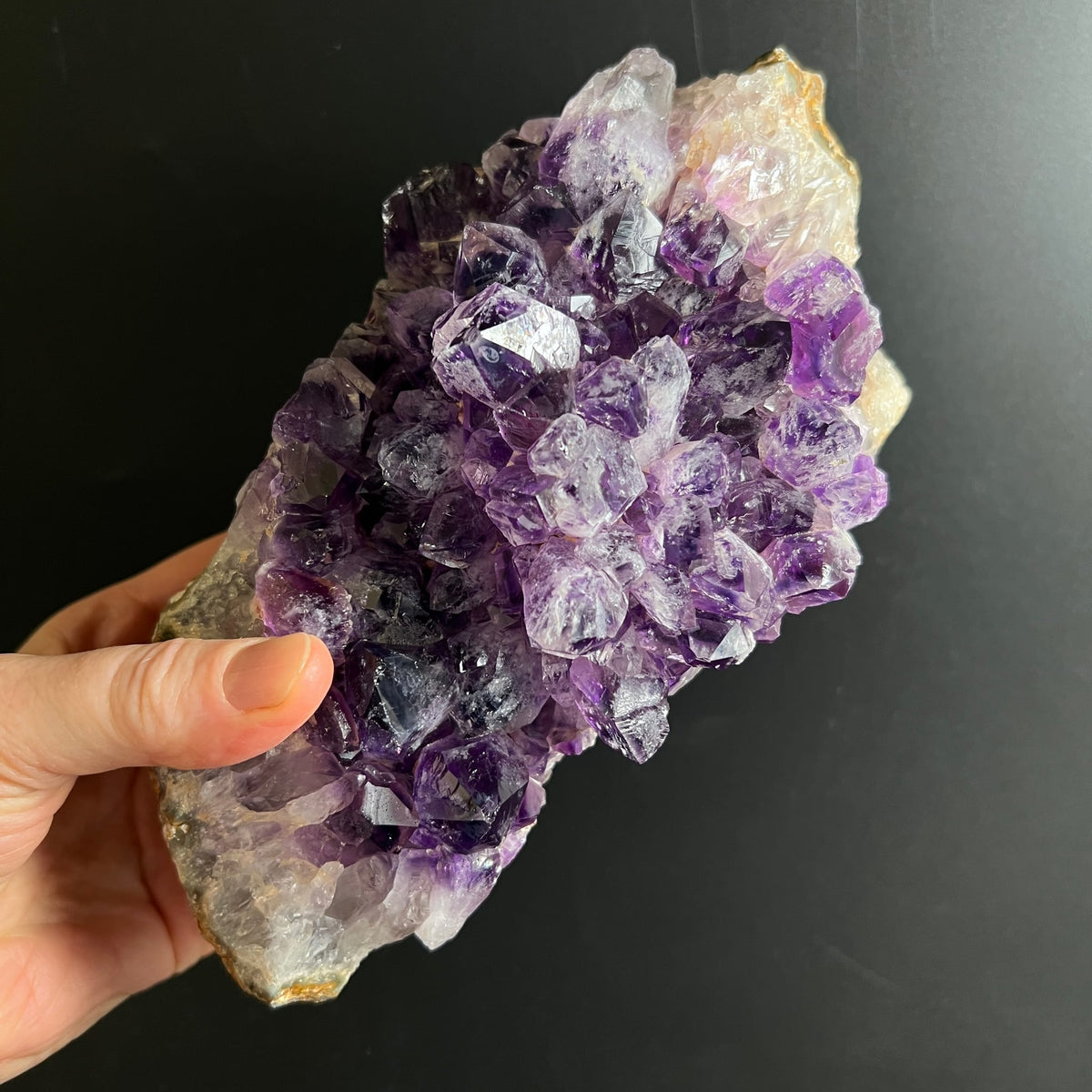 Amethyst Geode in Hand gehalten | Größenvergleich violette Kristalle | Brasilien | Happy Minerals