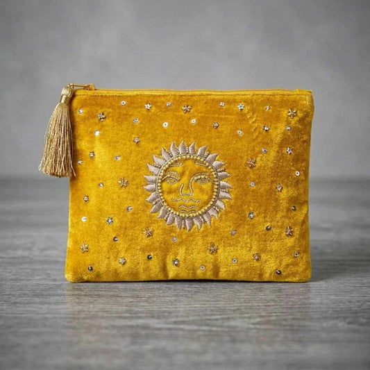Bestickte Samt Tarotkarten Tasche | Sonne Motiv | Kristalle Sterne | goldgelb | Happy Minerals indien