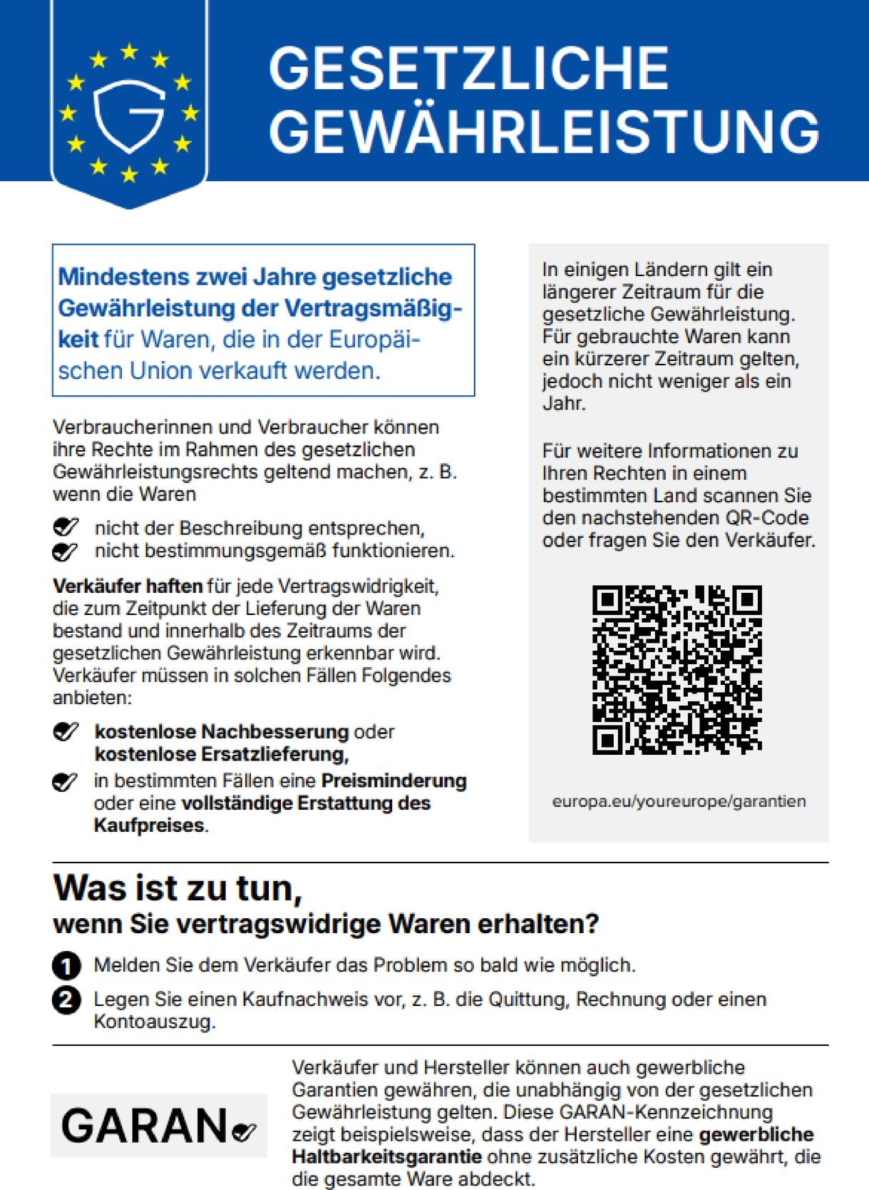 Gesetzliche Gewährleistung – mindestens zwei Jahre für Waren in der EU
