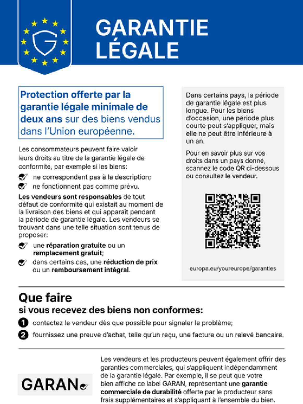 Garantie légale – minimum deux ans dans l'Union européenne