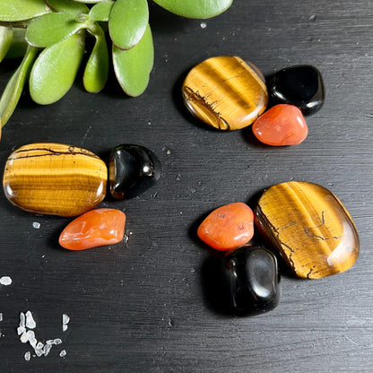 Karneol Tigerauge Regenbogenobsidian | Handschmeichler Set | seidiger Glanz warme Farben | Happy Minerals