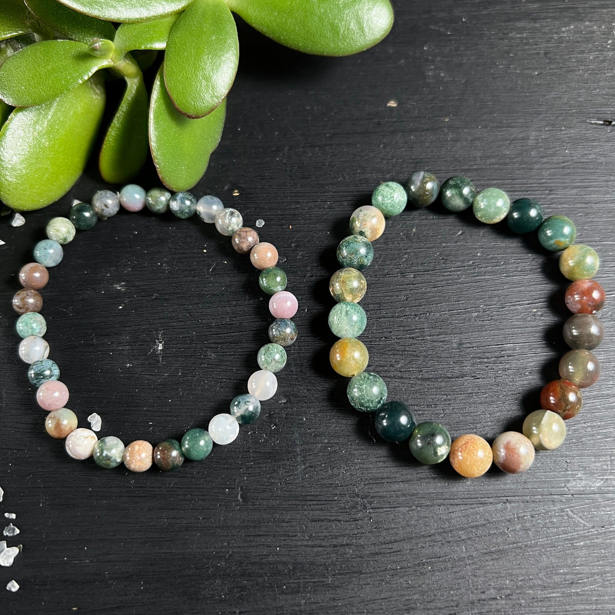 Moosachat Armbänder | zwei Stück | Variante 7 | Sukkulente | verschiedene Grüntöne | Happy Minerals