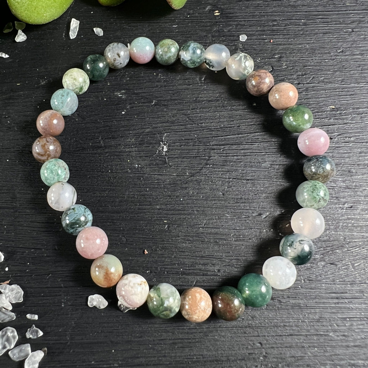 Moosachat Armband | runde Perlen | Variante 1 | grün-rosa Töne | dunkles Holz | Happy Minerals