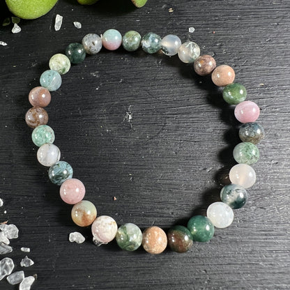 Moosachat Armband | runde Perlen | Variante 1 | grün-rosa Töne | dunkles Holz | Happy Minerals