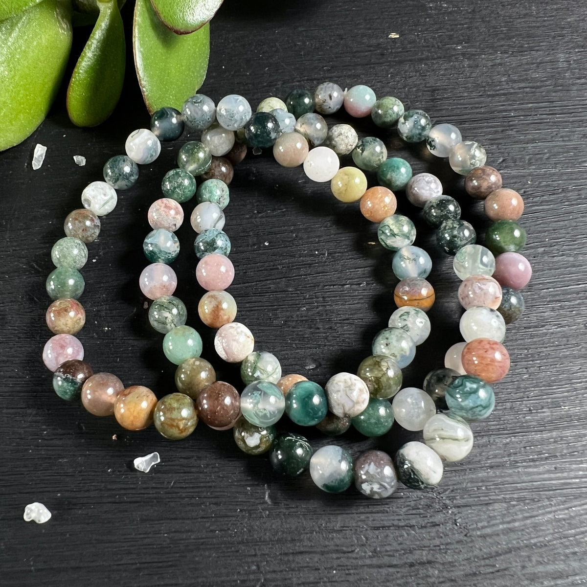 Moosachat Perlenstränge | gedoppelt | Variante 6 | harmonische Farbpalette | dunkle Holzmaserung | Happy Minerals