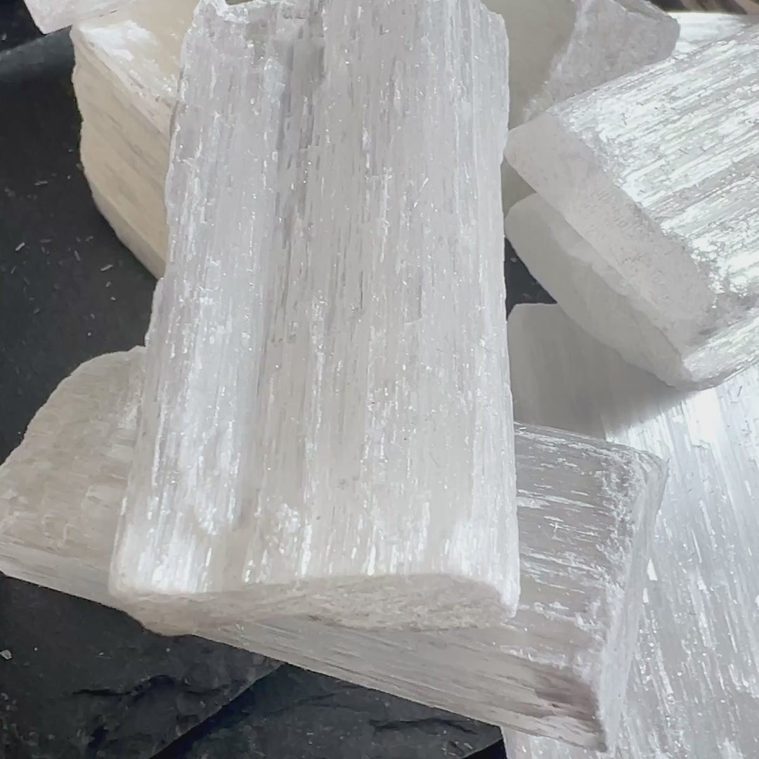 Selenite Cleansing Stick natural crystal from Morocco, moonlight shimmer | Happy Minerals