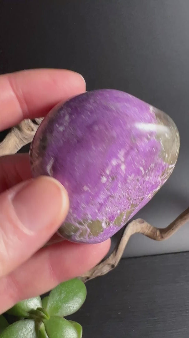Stichtit Handschmeichler leuchtend violett in gruener Serpentin Matrix