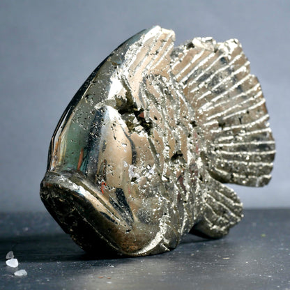 Pyrit Fisch handgraviert, metallisch-goldener Glanz mit fein geriefter Flosse und Struktur | Happy Minerals