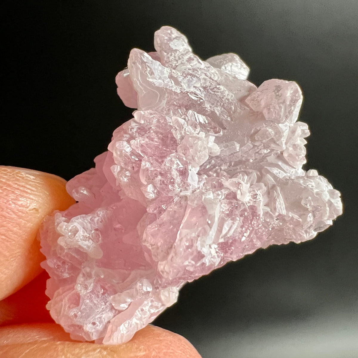 Rosenquarz Rohstein kristallin, hellrosa transparente Kristallspitzen buescheligformig | Happy Minerals