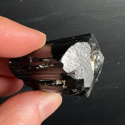Schwarzer Turmalin Rohkristall mit vertikalen Rippen, silbrig-metallischem Terminations-Ende und dunkelbrauner Transparenz | Happy Minerals