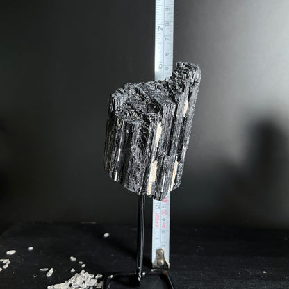 Schwarzer Turmalin Rohstein mit parallelen Faserstrukturen und weissen Feldspat-Einschluessen, auf Metallstaender | Happy Minerals