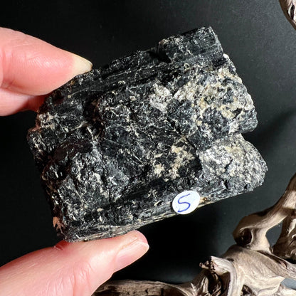 Schwarzer Turmalin Rohstein Nr 5 mit typischer saeulenfoermiger Struktur