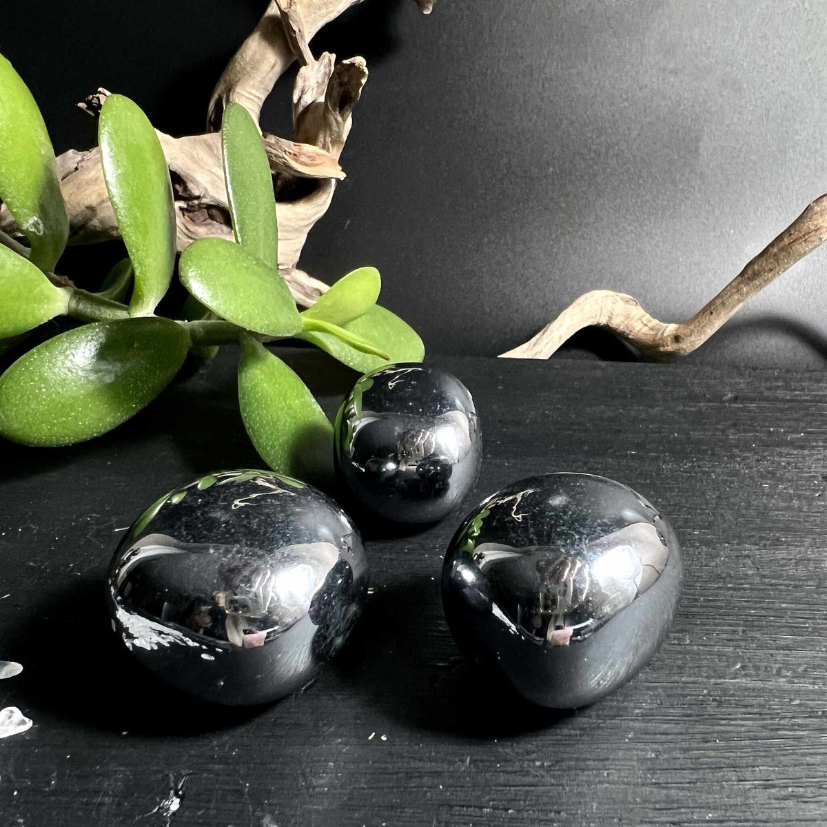 Drei Terahertz Steine spiegeln sanft das Licht elegant und geheimnisvoll | Happy Minerals 